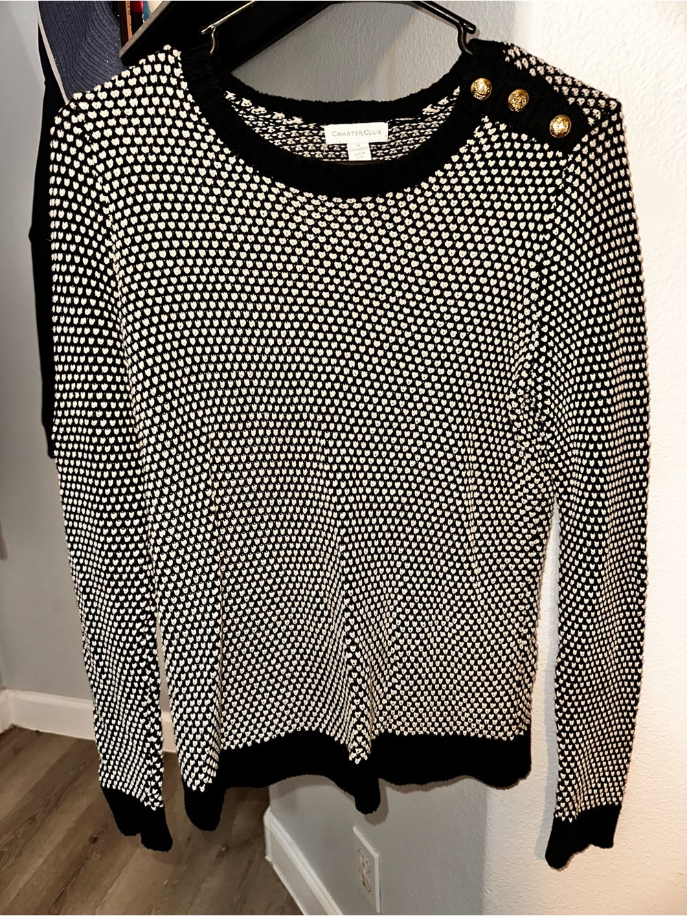 Charter Club Black & White Textured Crew Sweater with Gold Buttons